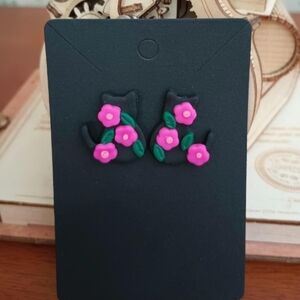Pink Floral Black Cat Earrings